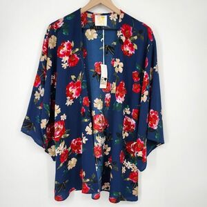 CAKE NWT Blue Floral Open Front Kimono Cardigan Size Small Boho Indie Vibrant